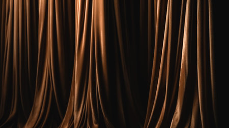 Closed brown drapes with satin velvet light effect for background.の素材