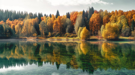 Autumn forest is reflected in the river, colorful trees, nature in autumn.の素材