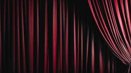 Closed dark red drapes with satin velvet light effect for background.の素材