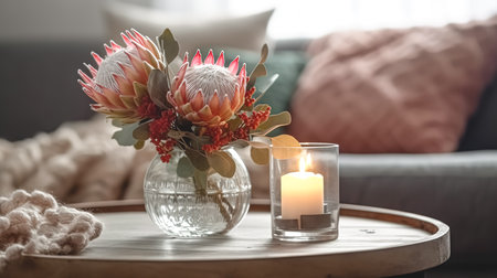 Home composition with exotic protea flower and candles on blurred room interior background.の素材
