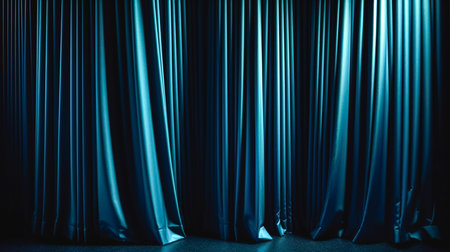 Closed blue drapes with satin velvet light effect for background.の素材