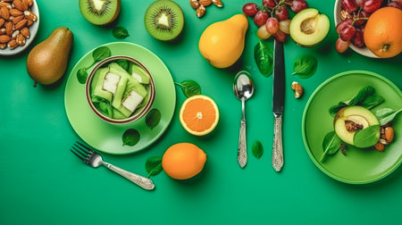 Different fresh fruits and nuts on a green background, top view.の素材