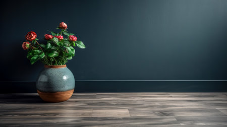 A pot of flowers against a gray wall, a minimalist interior, copy space.の素材