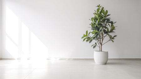 White pot with home plant in white interior, minimalist background, copy space.の素材