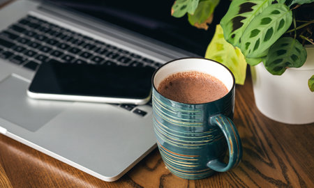 A cup of cocoa, a smartphone, a flowerpot and a laptop on the desktop.の写真素材