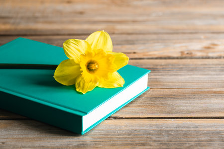 Yellow flower and book on a blurred wooden background, close-up.の写真素材