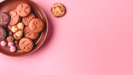 Different cookies on a pink background, flat lay, background with sweets, copy space.の素材