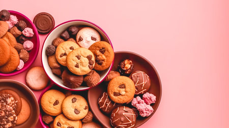 Different cookies on a pink background, flat lay, background with sweets, copy space.の素材