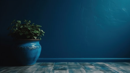 Home plant in a pot against a blue wall in empty minimalistic room, minimalist interior, copy space.の素材