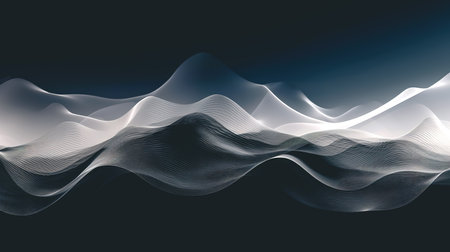 Abstract dark background with glowing soft white light lines.の素材