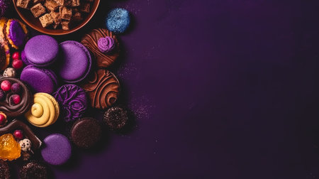 Top view, purple background with a variety of sweets, candies and cakes, copy space.の素材