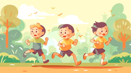 Three boys running in the forest, cartoon illustration, jogging in nature.の素材