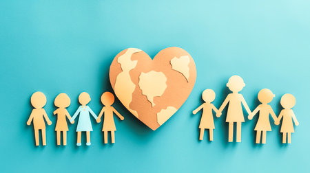 Illustration with a heart, an adult and children on a blue background, generative AI.の素材