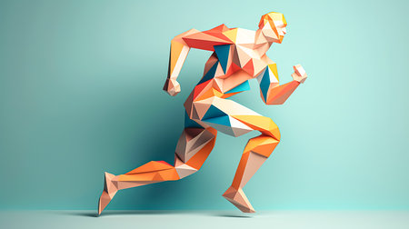 A creative illustration with a running silhouette of a man, a three-dimensional cubic figure of a man is running.の素材