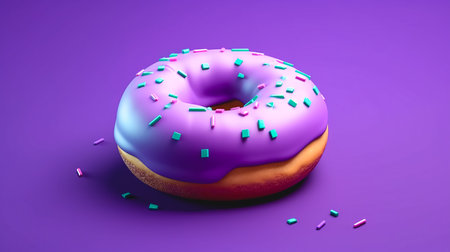 Purple donut on a purple background isolated, appetizing dessert.の素材
