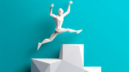 Volumetric white silhouette of a man in a jump on a blue background.の素材