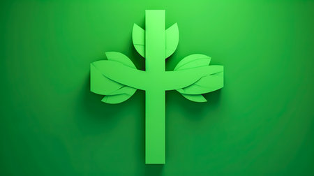 Green background with cross and leaves, Medical center cross leafs logo green style.の素材