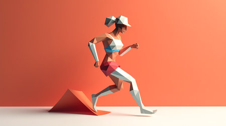 A creative illustration with a running silhouette of a woman, a three-dimensional cubic figure of a man is running.の素材