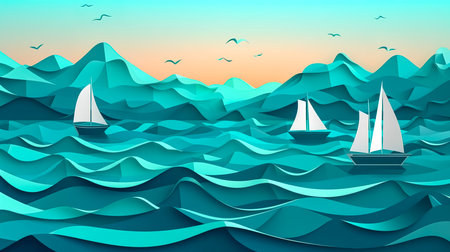 Creative background with sails on the sea, 3D illustration.の素材