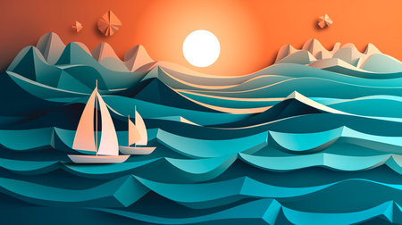 Creative background with sails on the sea, 3D illustration.の素材