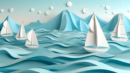Creative background with sails on the sea, 3D illustration.の素材