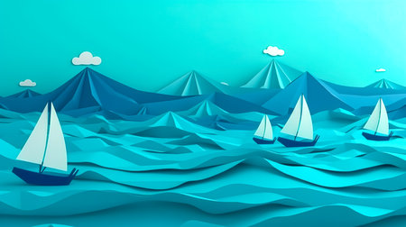 Creative background with sails on the sea, 3D illustration.の素材