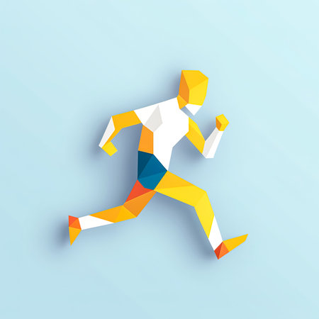 A creative illustration with a running silhouette of a man, a three-dimensional cubic figure of a man is running.の素材