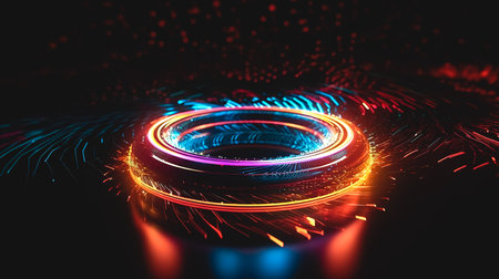 Abstract dark background with glowing lights ring.の素材