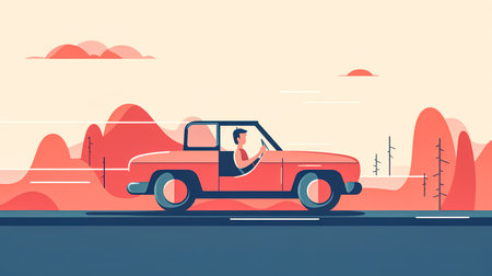 Creative illustration with a man in a car, postcard design.の素材