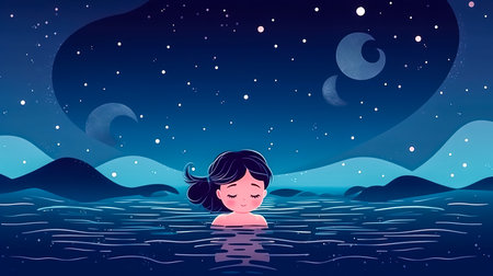 Fairy tale illustration with a little girl in the water at night with stars.の素材