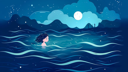 Fairy tale illustration with a little girl in the water at night with stars.の素材