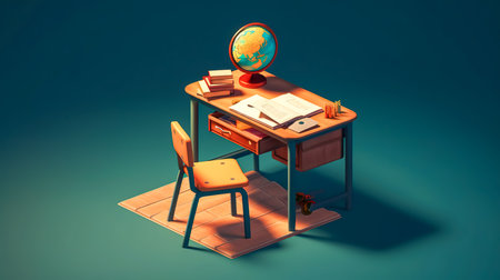 School desk and chair with school supply on a blue background.の素材