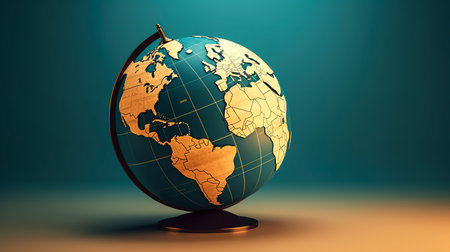 Globe close-up on a blurred blue background, copy space.の素材