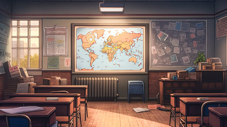 School geography class with world map, empty classroom.の素材
