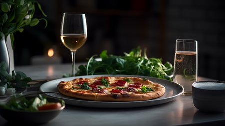 Pizza with greens and tomatoes on a table in a restaurant on a blurred background.の素材