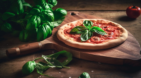 Homemade pizza with tomatoes and basil on the kitchen table.の素材