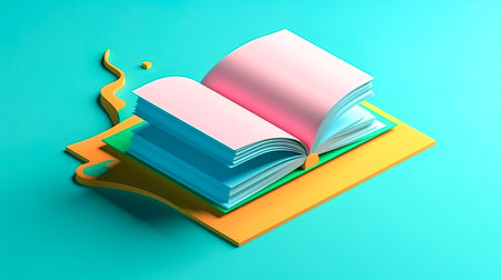 Open blank book on a blue background isolated.の素材