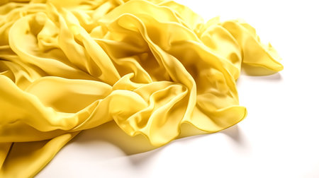 Beautiful Yellow Satin Fabric for Drapery on white background. Abstract. Copy space.の素材