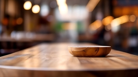 Wooden bowl on on a wooden table on a blurred background, copy space.の素材