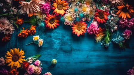 Multicolored flowers on a wooden blue background, copy space.の素材