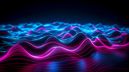 Beautiful abstract wave technology background with blue and pink light, digital wave effect, corporate concept.の素材
