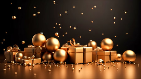 Christmas background with golden Christmas balls and gift boxes on a dark background.の素材