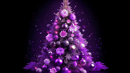 Creative illustration with a Christmas tree in purple color, neon lights on a dark background.の素材
