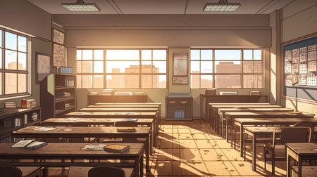 Empty school classroom with desks chair wood, and blackboard in high school thailand, vintage tone education conceptの素材