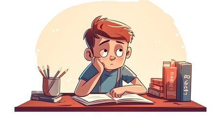 Illustration with a little schoolboy at his desk, the boy at his desk is bored, too lazy to do his homework.の素材