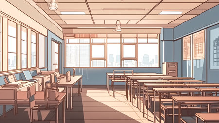 Empty school classroom with desks chair wood, and blackboard in high school thailand, vintage tone education conceptの素材