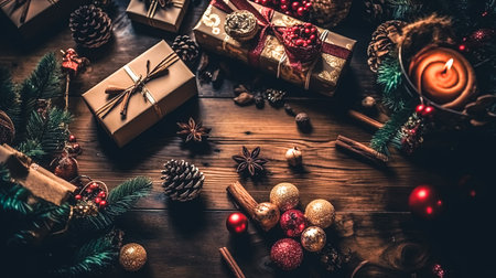 Packing of Christmas gifts, gift boxes and decor details on a wooden background, top view.の素材