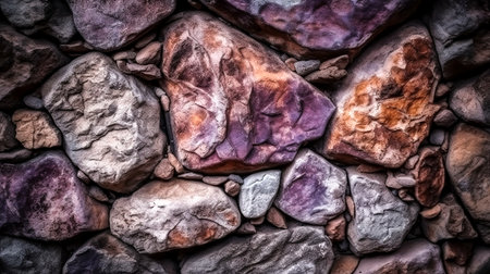 Texture background with stones in paint, stone fence with purple and orange paint.の素材