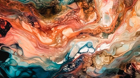 Abstract fluid art background dark golden and copper colors. Acrylic painting on canvas with brown lines and gradient.の素材