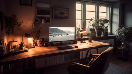 The interior of a cozy home office with a large table, computer and armchair. Cozy workplace.の素材
